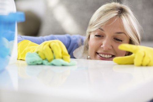 Professional cleaner reviewing safety procedures in a property