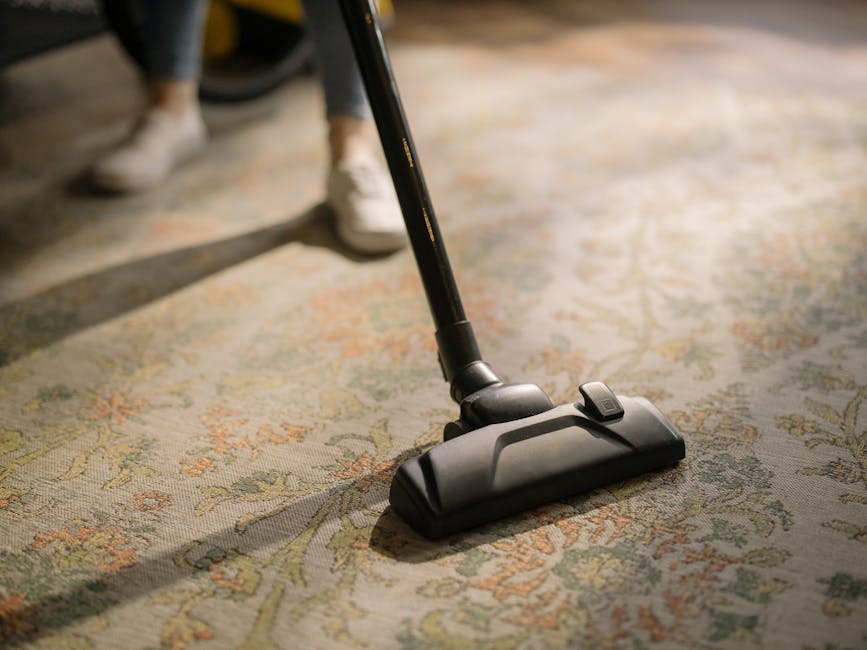 A person in casual clothing is using a vacuum cleaner with a long hose attachment to clean a decorative, patterned area rug with floral motifs in a living room or similar residential space. The vacuum
