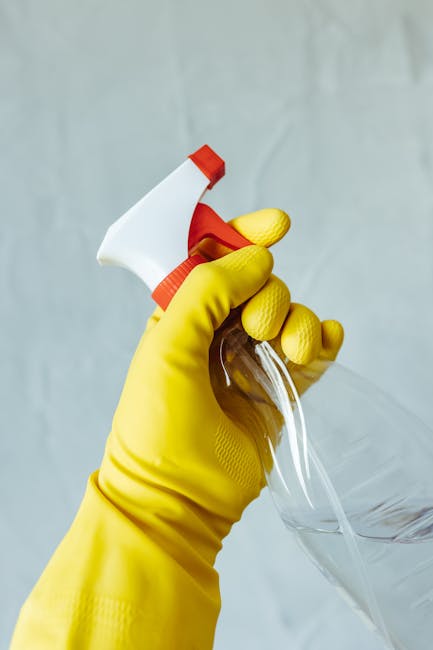 Two professional cleaners from Maida Vale Cleaner, dressed in grey shirts and orange overalls, are performing surface cleaning in a modern living room. The cleaner on the left is using a yellow canist